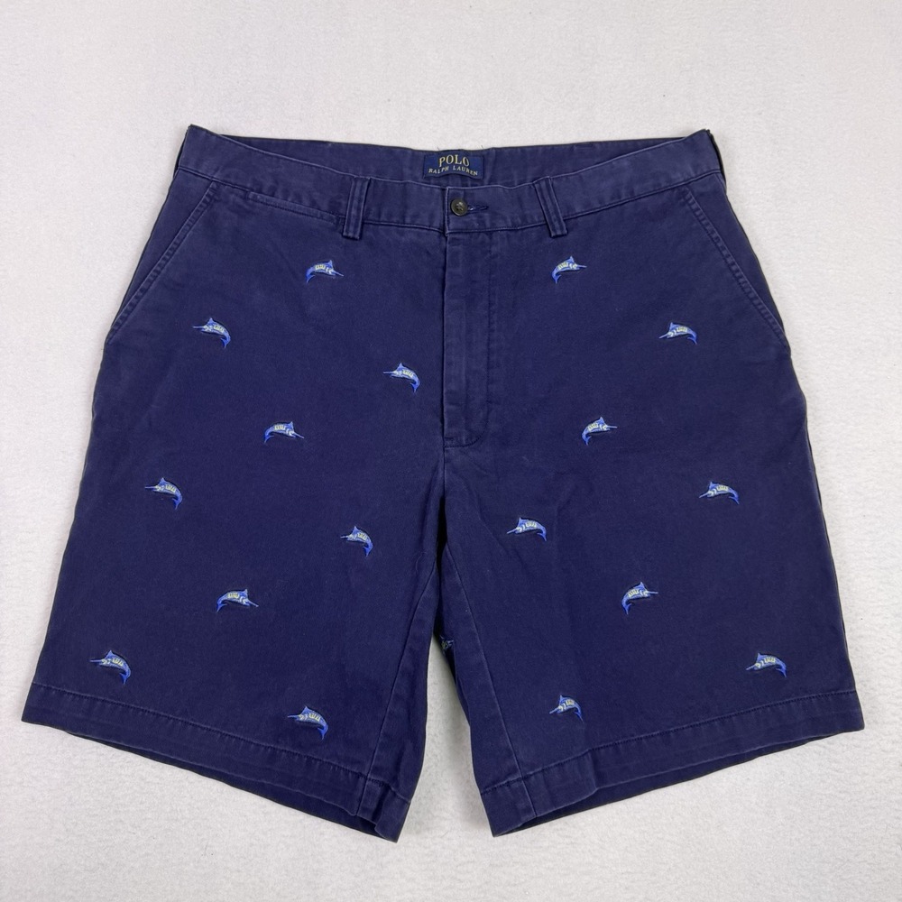 Polo Ralph Lauren Mens Size 35 Navy Blue Marlin Fish Embroidered Chino Shorts